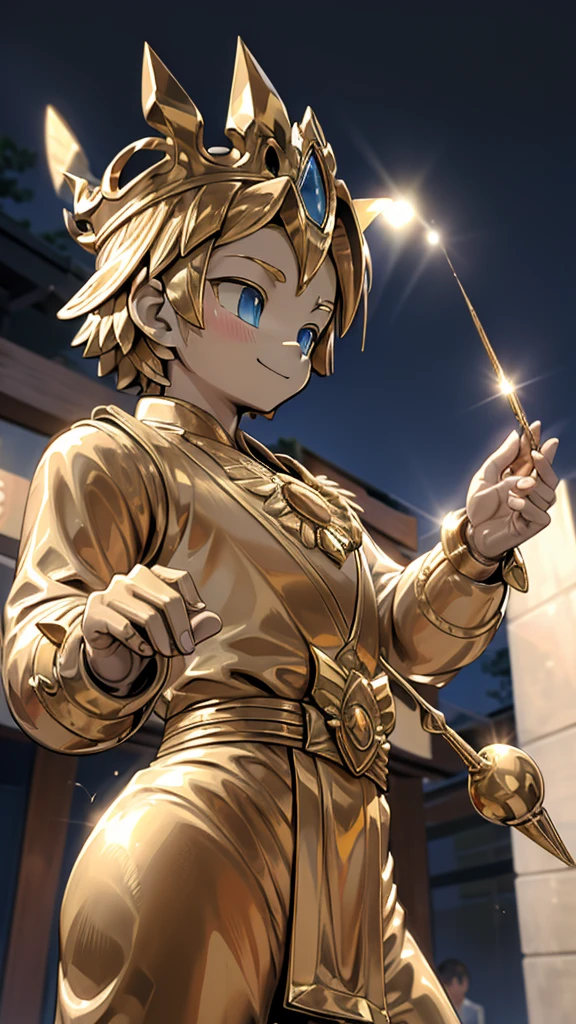 一个男孩的Gold statue旁边停着一只燕子。王子的Gold statue,Prince style,Prince costume,Court dress,Gold statue,男孩的Gold statue,cute boy,femboy,带着黄金冠冕的Gold statue,脚边停着一只燕子的Gold statue,Golden Boy Statue,Gold statue,Cute boy,British style,Victorian style,crown,crown,Golden Boy Sculpture,Golden Boy Statue,Gold statue,佩剑的Gold statue,腰带上挂着配剑的Gold statue,Cute boy,The sword hangs on the waist,A sword hangs from his waist,Hand on the sword at the waist,shota,Cute boy,Cute boy,Moe,Giant golden statue,Giant golden statue,Outdoor Background,Smiling statue,Close-up above the waist镜头,Upper body close-up,Close-up above the waist