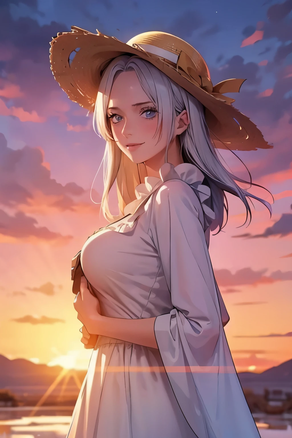 1girl, masterpiece, extremly detailed, (beautiful detailed glow), lens flare, white hair, short hair, floating hair, looking back, back behind, smile, blue eyes, white dress, medium breasts, upper body, wide shot, straw hat, ((salar de uyuni)), sunrise, clouds, backlighting, purple sky, yellow sky, gradient sky, hands on hat