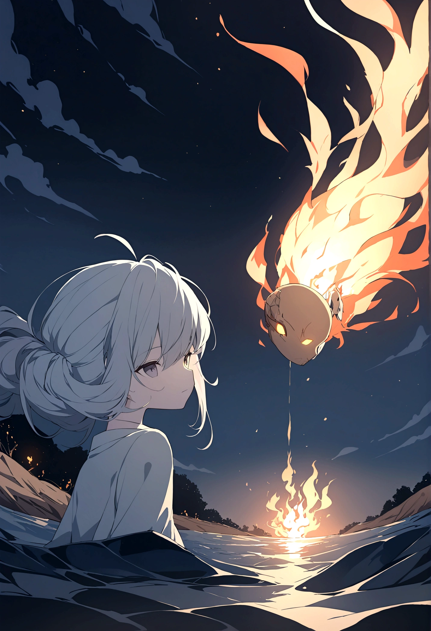 In the night sky, a man's severed head is flying across the surface of the river at an incredible speed.。The severed head has a hairstyle like a fallen warrior。Flames are flickering around the severed head like wheels.。The severed head has a pale, blank look on its face.。Set the background to a tranquil rural landscape with a dark night sky。The wind is blowing、The wind is blowing