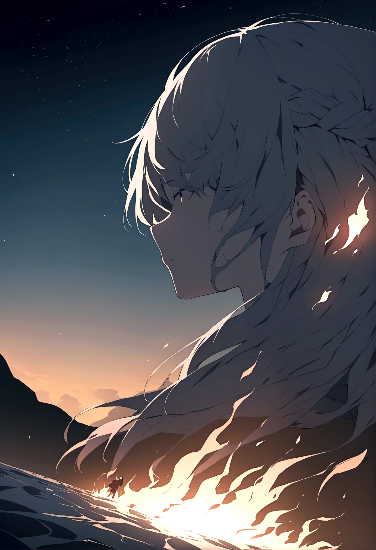 In the night sky, a man's severed head is flying across the surface of the river at an incredible speed.。The severed head has a hairstyle like a fallen warrior。Flames are flickering around the severed head like wheels.。The severed head has a pale, blank look on its face.。Set the background to a tranquil rural landscape with a dark night sky。The wind is blowing、The wind is blowing