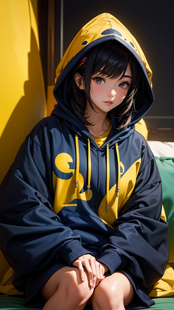 (masterpiece, highest quality, highest resolution, distinct_image, detailed details) A mature japanese woman, 28 yo, wearing oversized hoodie combination of dark blue and yellow, hoodie design 