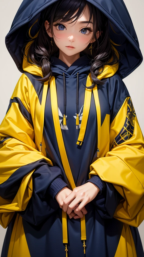 (masterpiece, highest quality, highest resolution, distinct_image, detailed details) A mature japanese woman, 28 yo, wearing oversized hoodie combination of dark blue and yellow, hoodie design 