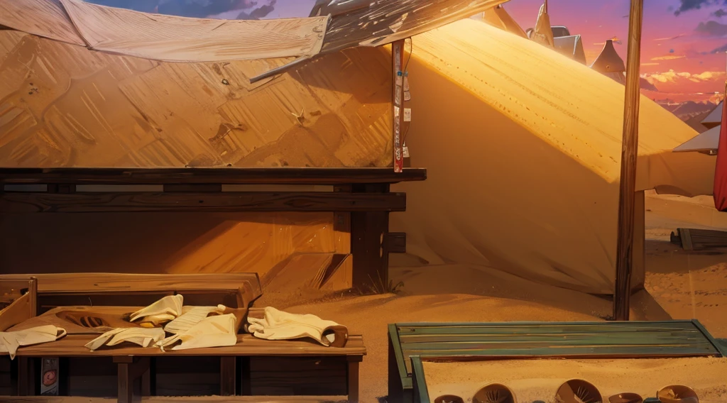 (sand ground, sand hill behind the stall:1.3), traditional market, market stall, market tens, dawn time, early morning, 