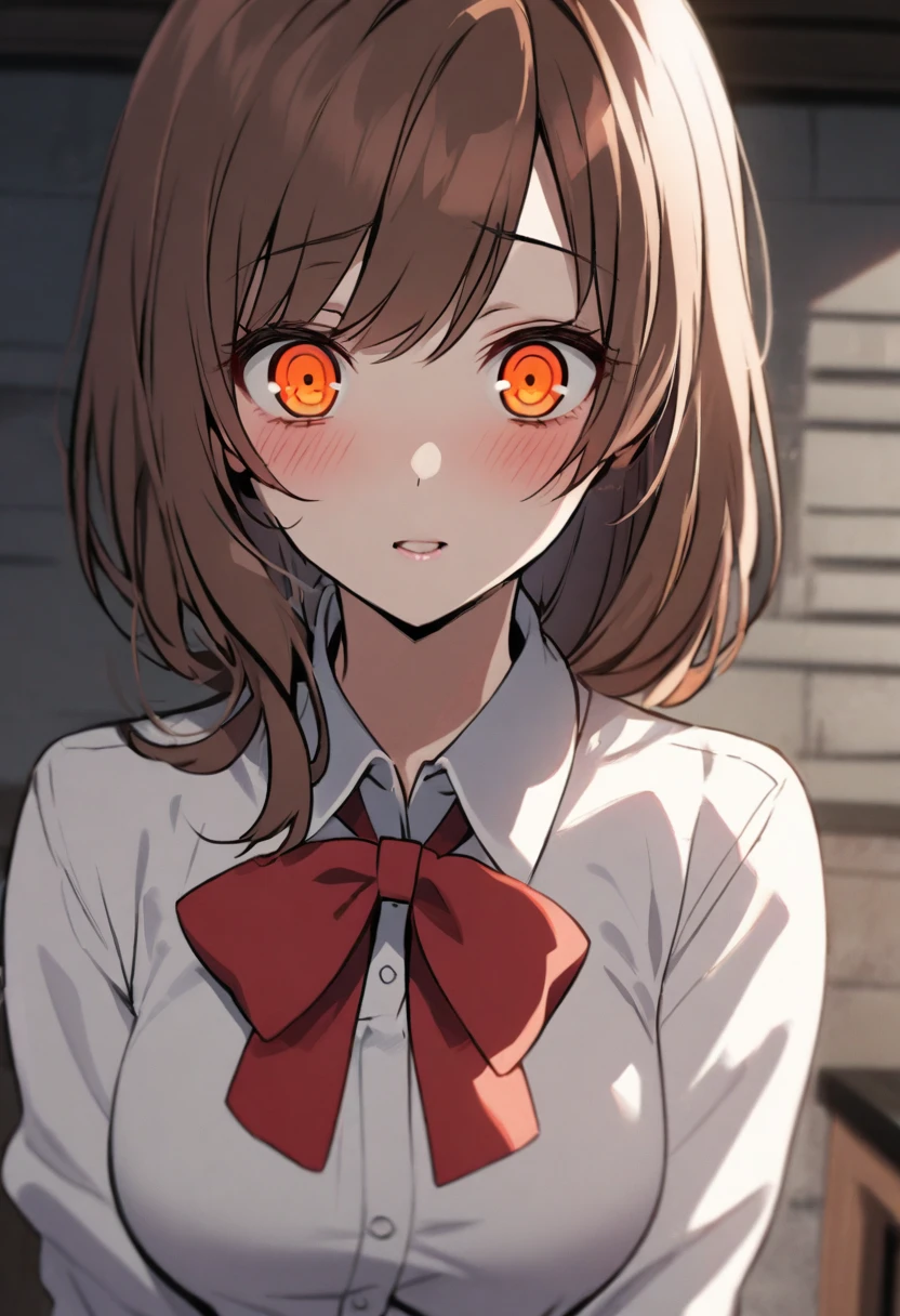 one girl,brown hair, orange eyes, red bow, yandere, mature