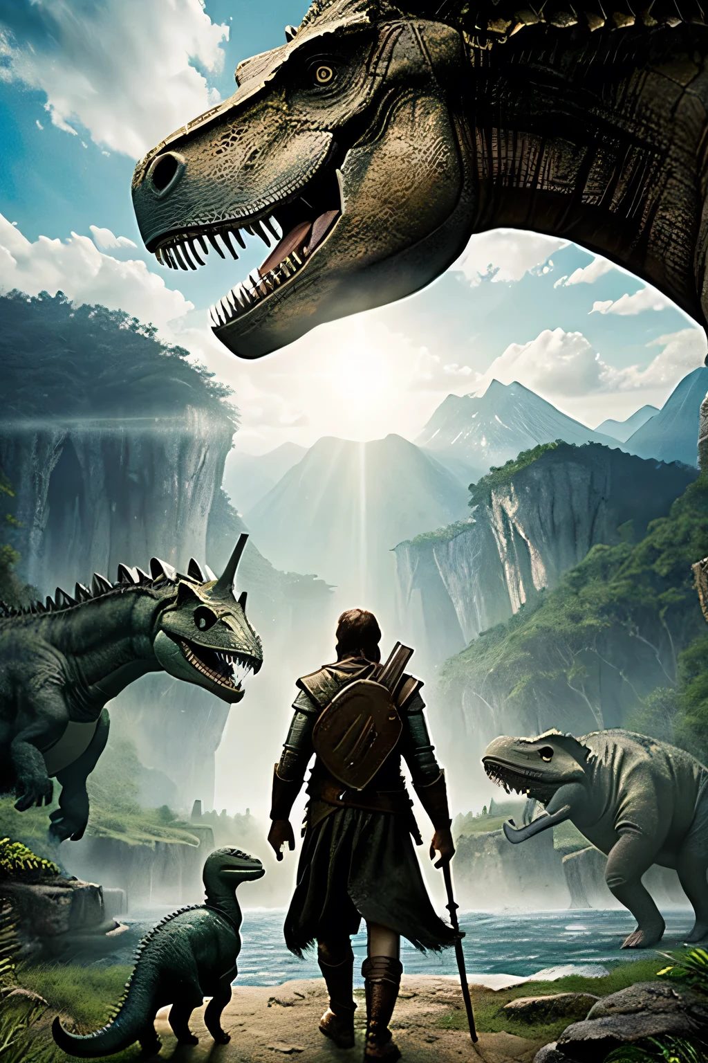((Best Quality)), ((Masterpiece)), ((super realistic)), ((a world without humans)) "In a world lost in time, where dinosaurs rule and adventure awaits, Join the epic quest to unravel the mystery of the colossi of the past. &#39;Age of the ancients: &#39;Dinosaurs Reborn&#39;."