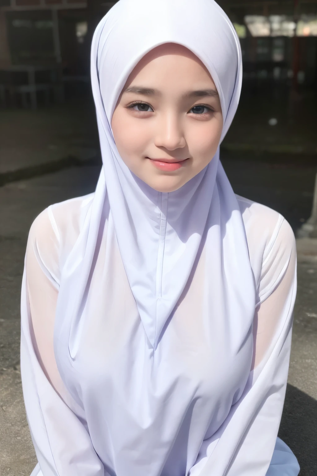 adorable, 1 girl, (face to face), , baby face, hf body portrait, (face details: 1), (eye details: 1), ((big breasts)). wearing transparent white long shirt, hijab, .. Cute posed. proportional body. Ultra High Res. realistic: 1.4, UHD, floral pattern 