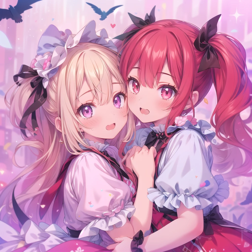 (masterpiece:1.2), best quality, high resolution, extremely detailed CG, absurdres, highres, 2girls, two girls hugs together , frills, kawaii