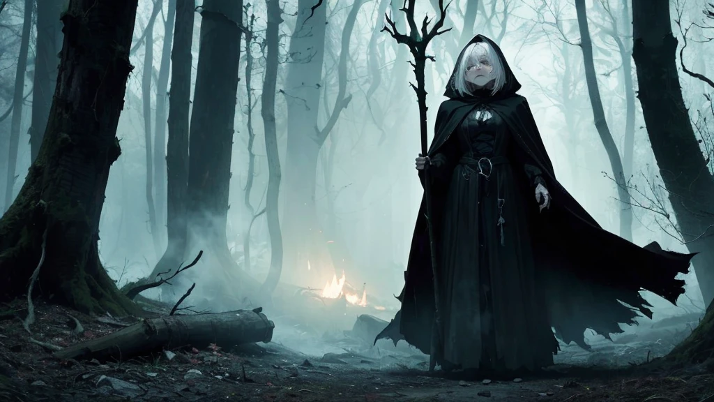 Create an image of a scary, short, little old white-haired witch standing in a dark forest. She is wearing a tattered black cloak and has a menacing expression, with her white hair tangled and wild. The forest around her is dimly lit, with gnarled trees and mist swirling in the background, evoking a sense of medieval dark fantasy."