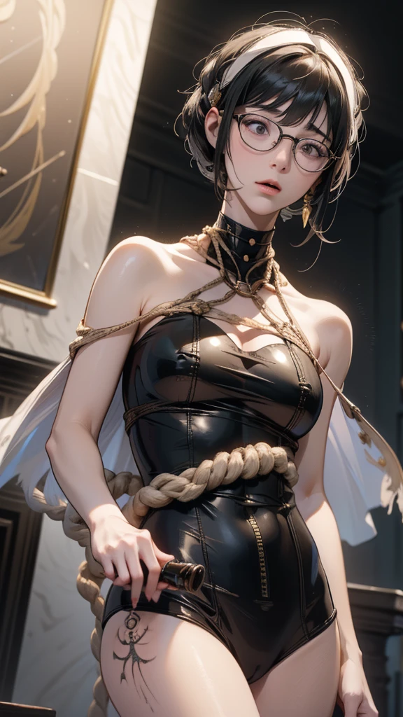 (Unreal Engine 5)), Realistic rendering, wonderful, (Burn scars), (Cape), (pocket), Looking into the camera, Beautiful Face, Compensate, CGI Mix, (Photorealism:1.2), Ultra-realistic UHD face(Highest quality)((Clear images with every detail))beauty、((Tied up with rope)).Tortoiseshell binding、((((The body is tightly bound with rope))))、((A pure white empty room))((Rough skin that cuts into the body々New rope))((Very crying face))　Skinny body、((There are many tattoos all over the body))(((Nipples)))Glasses、Shortcuts、((Black bodysuit))(((a lot of scars on the body)))、(((Hanging Woman)))((M-shaped legs))((Woman hanging from a high ceiling))(((short hair、Glasses)))(())((A pure white empty room))((naked、No clothes))((Sexual assault))((A dildo is inserted into a woman&#39;s vagina))