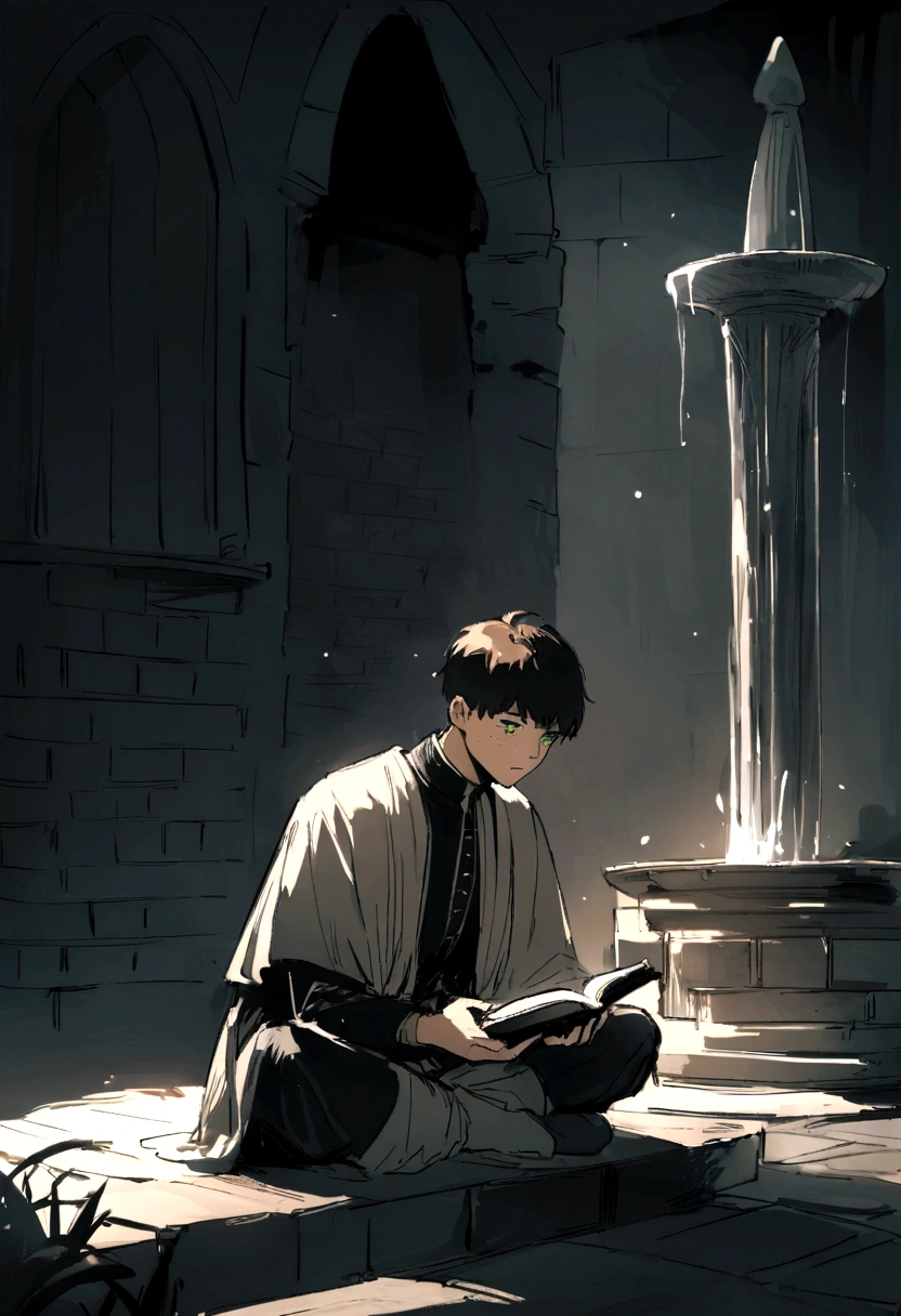 punctuation_9, fountain_アニメ, work of art, best qualityer,incredible quality, better aesthetics, absurderes, BREAK 1boy, standing alone, Finn, greeneyes, freckles, russet hair, magician, holding a tome, dark theme, sitting down, Indian style against brick wall, layer, scary medieval village, at night, focused, looking at book,