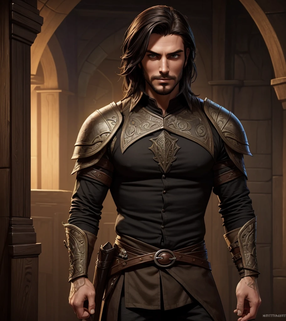 (((Solo character image.))) (((Generate a single character image.)))  (((He is the sexiest man in town with a great body and a risque outfit.))) Amazingly handsome, sexy and sexually appealing male character.  (((Shoulder length sexy hair.)))Looks like a fun and thrilling male adventurer for Dungeons & Dragons.   Looks like a male bard for Dungeons & Dragons.  Looks like sexy Peter Pan.  Masterpiece, male, (((black shirt))), (((sinister appearance))), lusty stare, (((effeminate))), roguish good looks, (((metrosexual))), (((hot guy))), beautiful face, (((sexy eyes))), waistcoat, (((darkly attractive))), (((very sexy mouth))), roguish, sexy shirt, sexy body, suave, charming, entertainer, musician, musical instrument, Medieval clothing, youthful, sexy, seductive, athletic, desirable, detailed and intricate, armed, character portrait, athletic, fantasy art, fantasy setting, dungeons & dragons, pathfinder, skyrim, fantasy adventurer, fantasy NPC, game of thrones