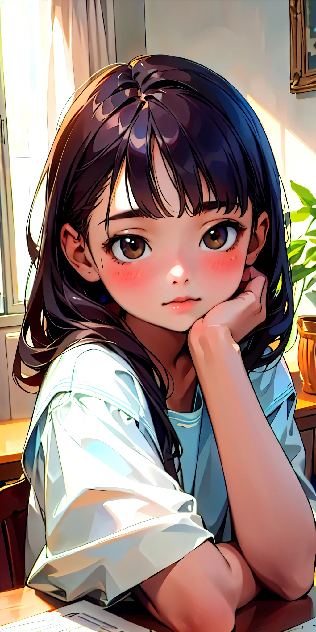 (Highest quality, masterpiece, Ultra-realistic), Beautiful and delicate15Year-old girl portrait, With a calm and gentle expression, The background scene shows me studying at my desk in my room at home.。