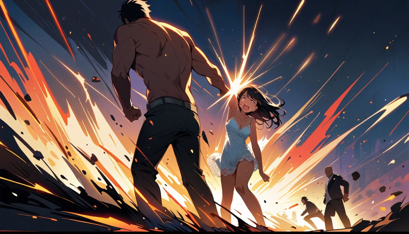 Long black haired girl、20age、clear、White luxurious lace long slip、In underwear、Being attacked by a man、fear、resistance、Shyness、Crying face、Standing posture、Men's Room