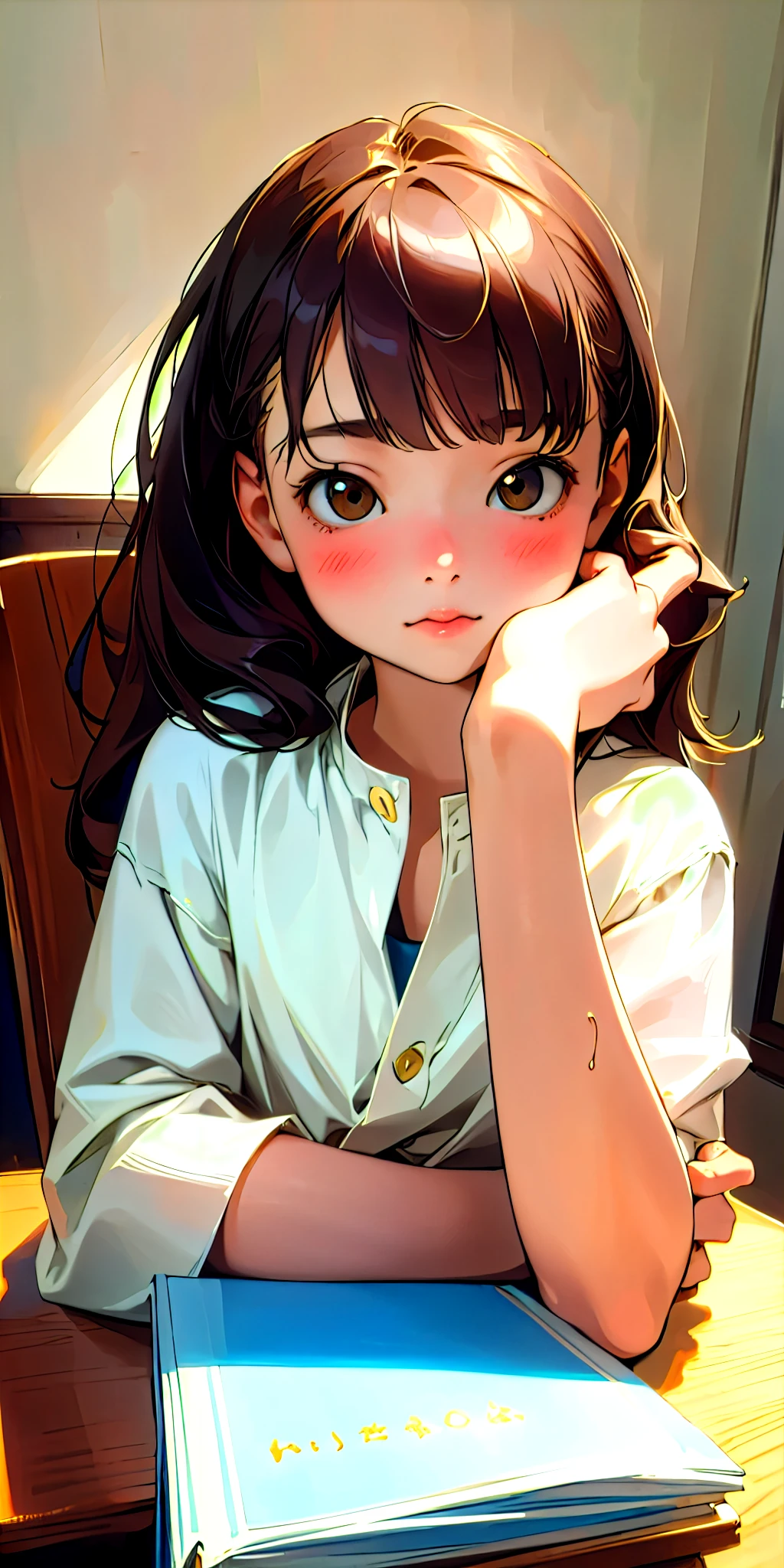 (Highest quality, masterpiece, Ultra-realistic), Beautiful and delicate15Year-old girl portrait, With a calm and gentle expression, The background scene shows me studying at my desk in my room at home.。