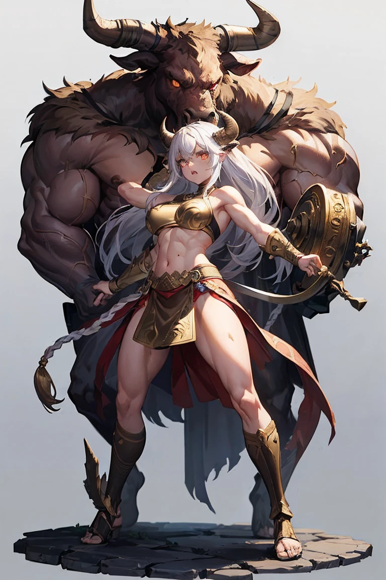 (best quality, masterpiece:1.2), 1girl, minotaur, ((full body)), standing, standing proudly, fighting stance, ((ferocious face)), bull horns on head, golden eyes, ((extremely detailed eyes)), scars on body, huge body, muscular body, gladiator outfit, brass knuckles