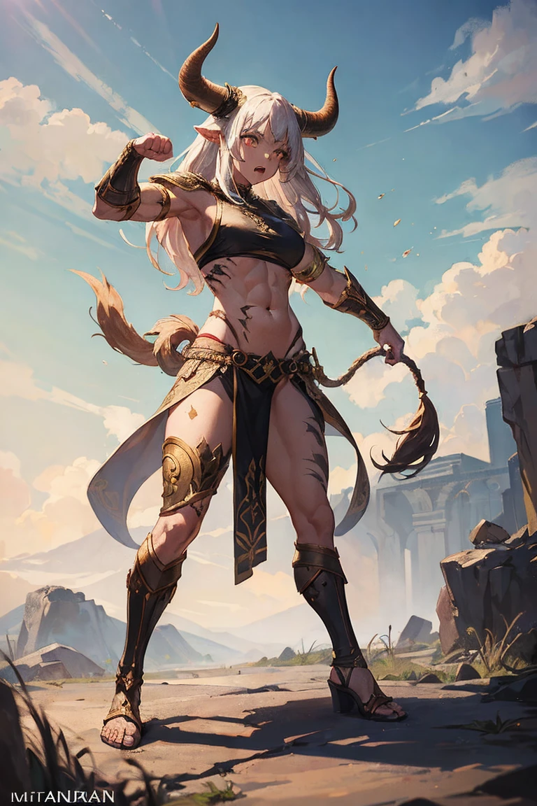 (best quality, masterpiece:1.2), 1girl, minotaur, ((full body)), standing, standing proudly, fighting stance, ((ferocious face)), bull horns on head, golden eyes, ((extremely detailed eyes)), scars on body, huge body, muscular body, gladiator outfit, brass knuckles