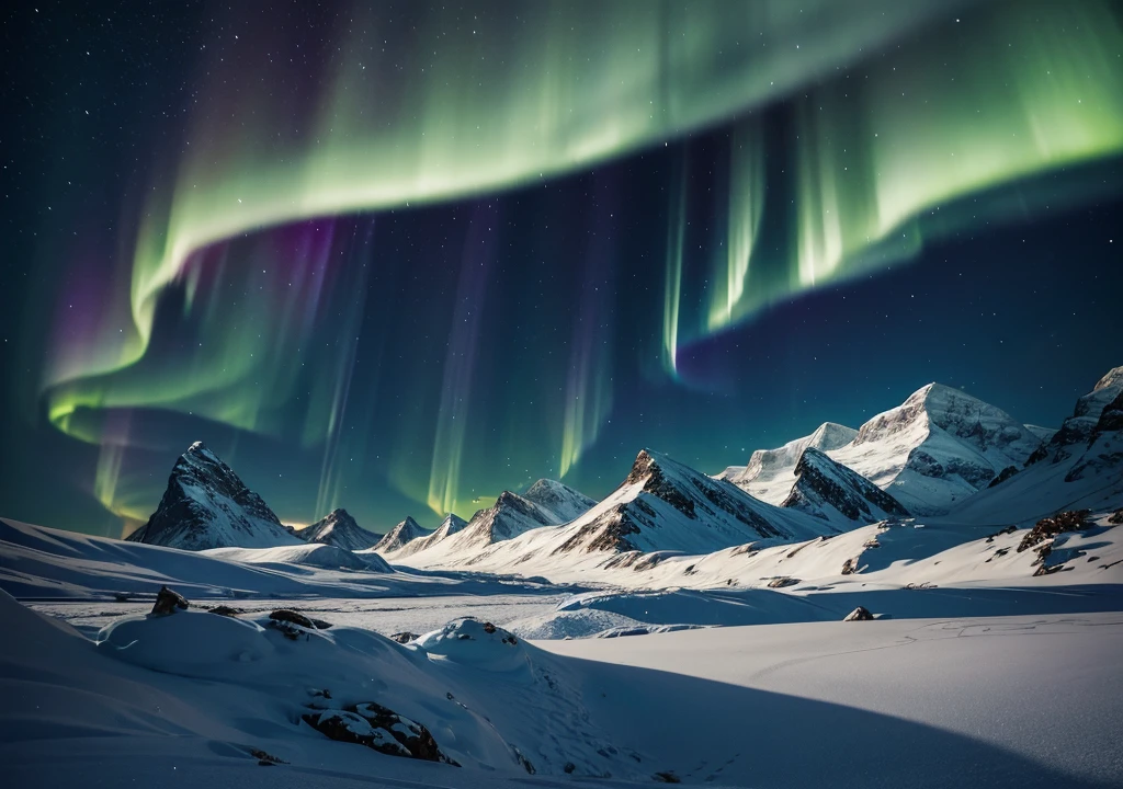 create a dramatic, impactful winter image like a snow-covered tundra, icy mountains or northern lights lighting up the night sky