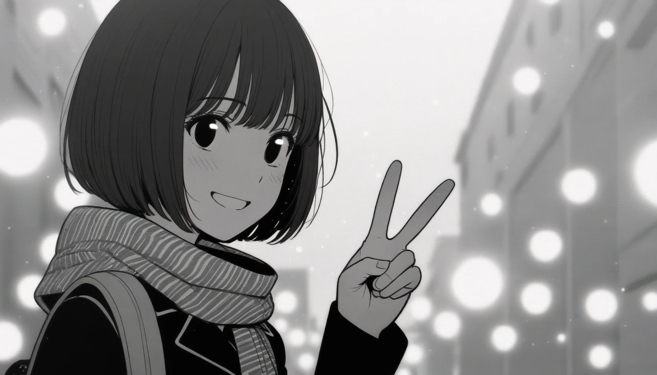 masterpiece, best quality, 1girl, mamerakkkkko, grayscale, manga style, japanese, chi no wadachi, black eyes, street, iced, black hair, schoolbag, smile, lineart, black coat, black scarf, black pleated skirt, leggins, centered, 18 years old, tall, fair skinned, bokeh background, streaming, bob cut, light particles, centered, snowing, (((v, perfect hand, detailed hand:1.1)), emotional anime scene, (very aesthetic, best quality, ultra detailed), intricate details
