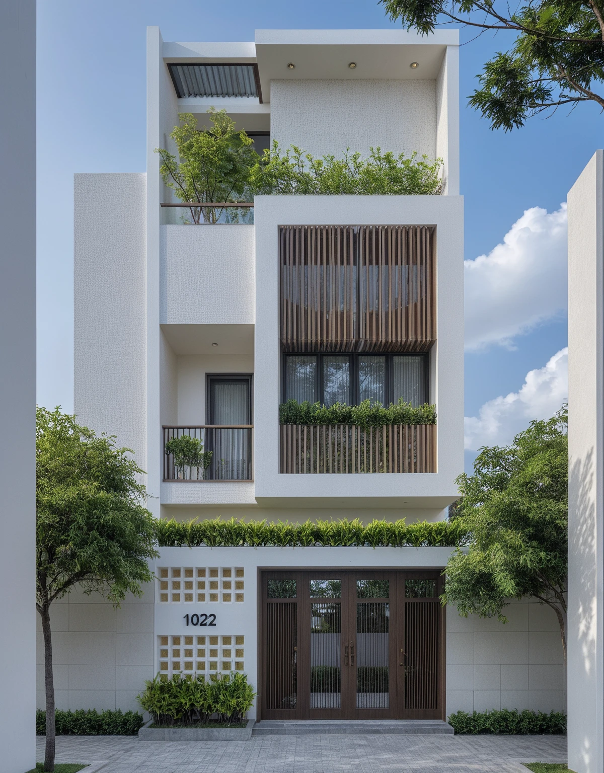 RAW photo, a photo of a modern house, (curvilinear archrchitecture:1.4), Wabisabi style rounded wall, white grey wall, sidewalk, sidewalk trees, ((grey gate:1.2)), road, viet nam modern residence, ((architectural shot)), rough white wall, new residential area, wide angle exterior 2022, contemporary house, exterior photography, masterpiece, contemporary architecture, overcast, indirect lighting