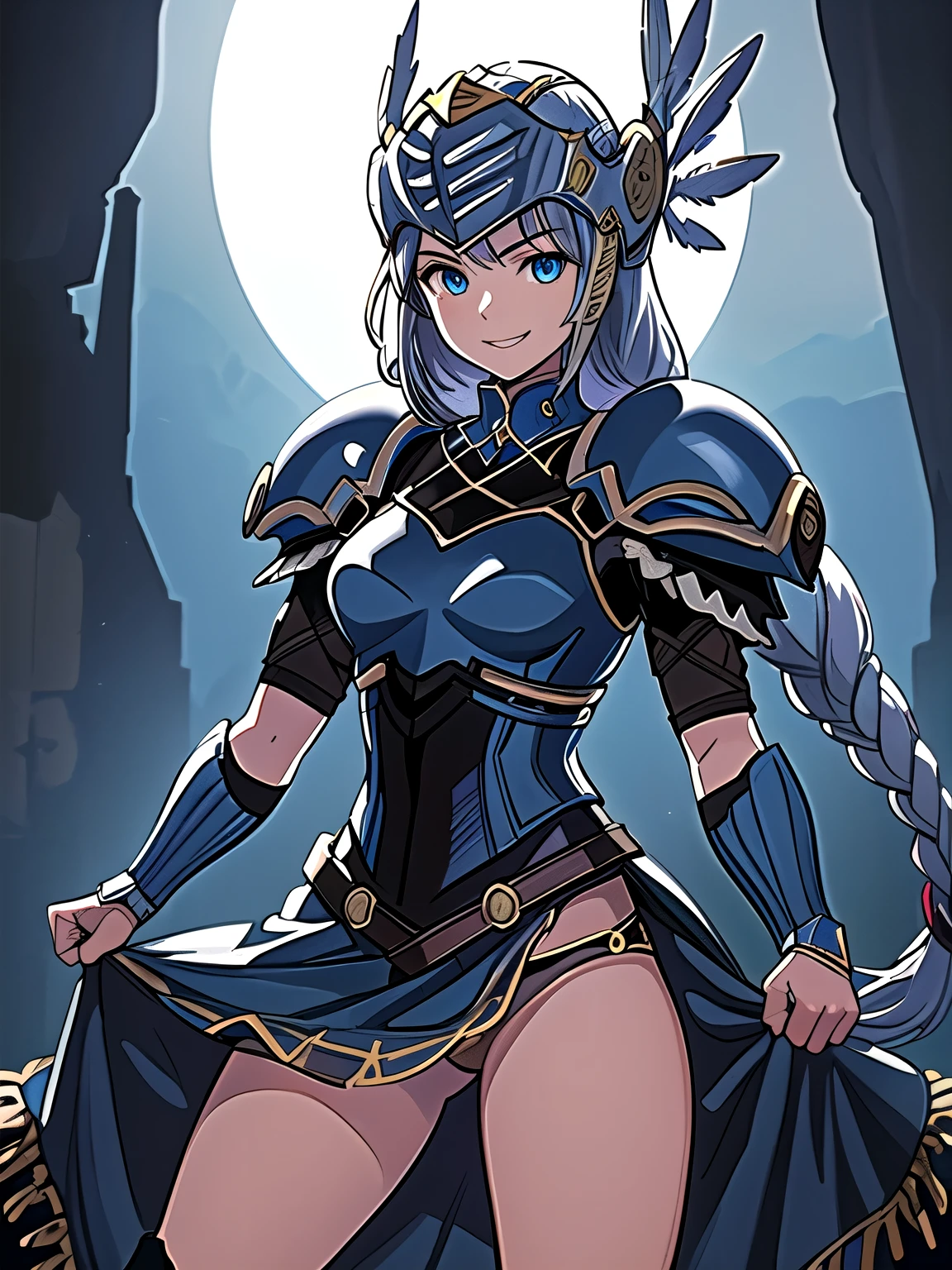 best quality, masterpiece, 1 girl, (silhouette lighting:1.2), (cowboy shot:1.3), smiling, LennethVP, braid, single braid, blue armor, armored dress, winged helmet, pauldrons, gauntlets, greaves, (skirtlift:1.3), medieval village, rural