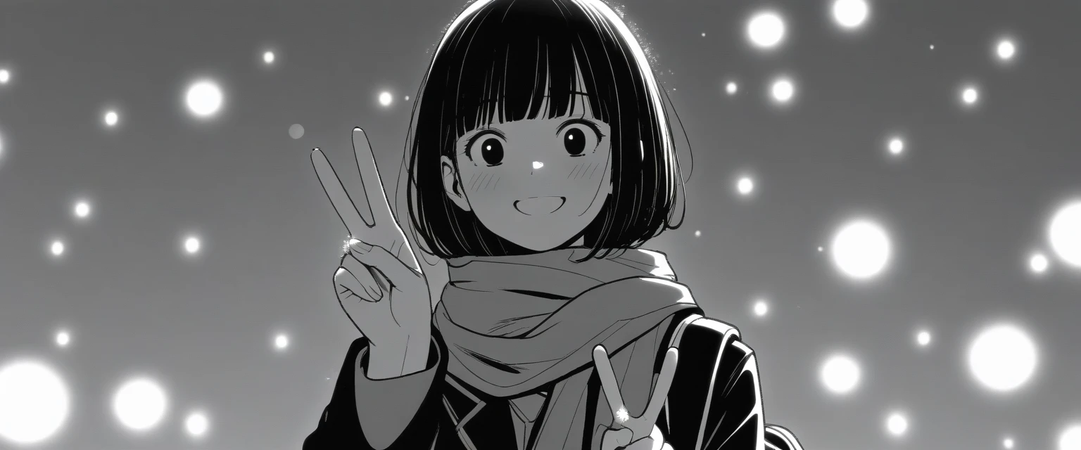 masterpiece, best quality, 1girl, mamerakkkkko, grayscale, manga style, japanese, chi no wadachi, black eyes, street, iced, black hair, schoolbag, smile, lineart, black coat, black scarf, black pleated skirt, leggins, centered, 18 years old, tall, fair skinned, bokeh background, streaming, bob cut, light particles, centered, snowing, (((v, perfect hand, detailed hand:1.1)), emotional anime scene, (very aesthetic, best quality, ultra detailed), intricate details
