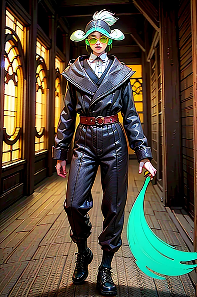 Black workwear jumpsuit、The chest is open、Costume with glowing yellow-green linesを着た女性, cyber punk, Hard Rock Metal, Mosh Pit, (Highest quality,4K,8K,High resolution,masterpiece:1.2),Live Stage、Costume with glowing yellow-green lines、Large sunglasses,Punkish hairstyle、Full body portrait、White panties