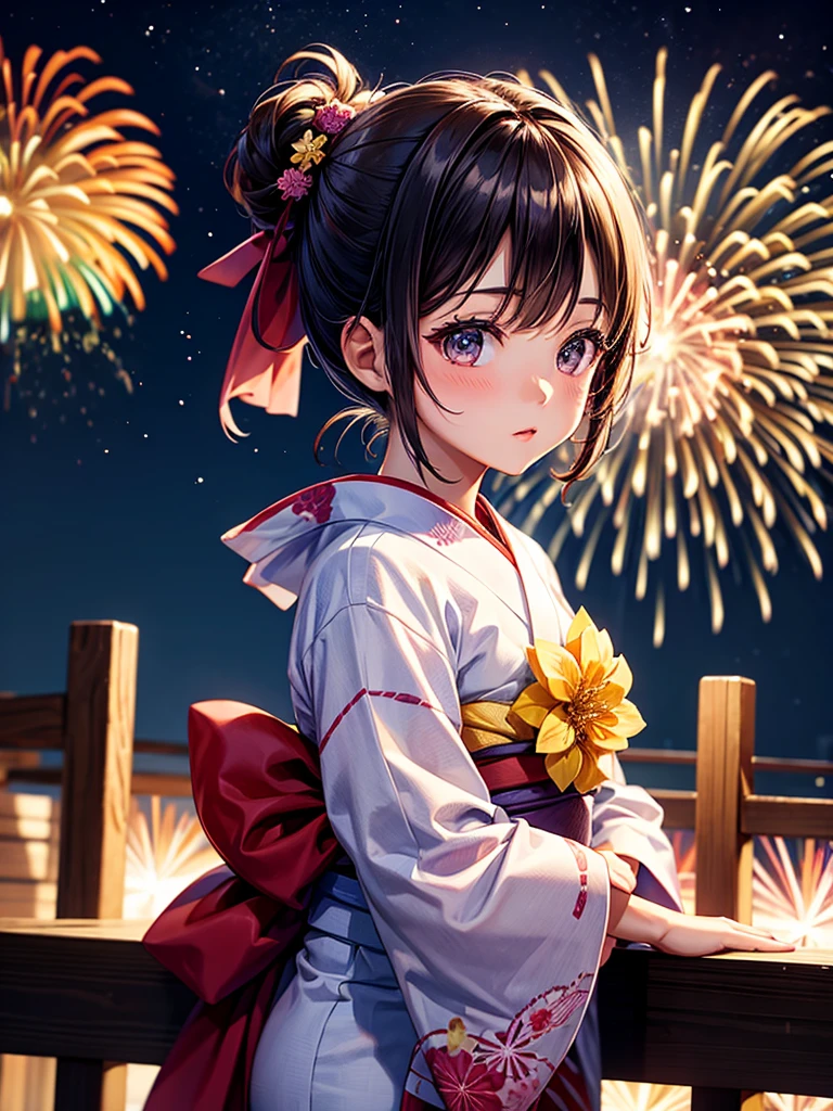 Highest quality,Highest Resolution,A beautiful girl in a yukata looking up at fireworks,