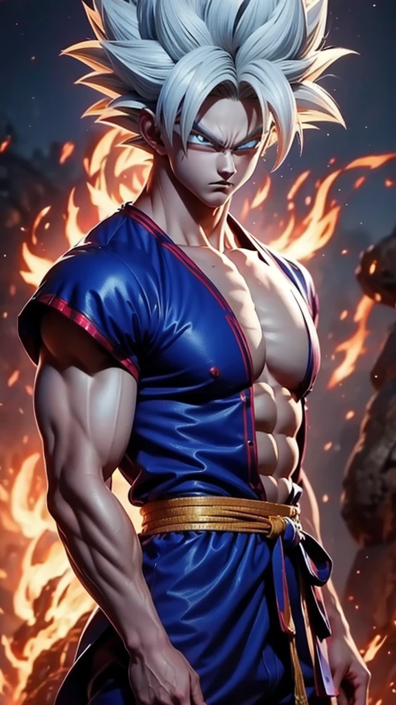 A true masterpiece of masculine beauty. goku, super sayagin 5, 20 years old, Wears a martial arts outfit and fights in a haunted and abandoned city, solo. Moonlight accentuates muscles just right. The landscape is lush and mysterious, with a dark city. The camera details everything. When looking at beautiful eyes, attractive blue eyes facing the viewer, one can clearly see every small detail, every perfect line, every detail of beautiful 8K quality skin, everyone is captivated by the beauty. Confidence radiates from every look. His head has white hair and his face is meticulously detailed in 8K quality images. Is a character in the Dragon Ball Seven series.​