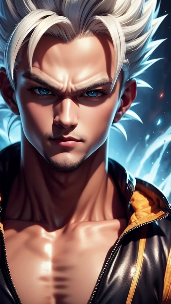 A true masterpiece of masculine beauty. goku, super sayagin 5, 20 years old, Wears a martial arts outfit and fights in a haunted and abandoned city, solo. Moonlight accentuates muscles just right. The landscape is lush and mysterious, with a dark city. The camera details everything. When looking at beautiful eyes, attractive blue eyes facing the viewer, one can clearly see every small detail, every perfect line, every detail of beautiful 8K quality skin, everyone is captivated by the beauty. Confidence radiates from every look. His head has white hair and his face is meticulously detailed in 8K quality images. Is a character in the Dragon Ball Seven series.​