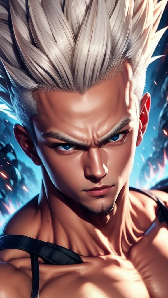 A true masterpiece of masculine beauty. goku, super sayagin 5, 20 years old, Wears a martial arts outfit and fights in a haunted and abandoned city, solo. Moonlight accentuates muscles just right. The landscape is lush and mysterious, with a dark city. The camera details everything. When looking at beautiful eyes, attractive blue eyes facing the viewer, one can clearly see every small detail, every perfect line, every detail of beautiful 8K quality skin, everyone is captivated by the beauty. Confidence radiates from every look. His head has white hair and his face is meticulously detailed in 8K quality images. Is a character in the Dragon Ball Seven series.