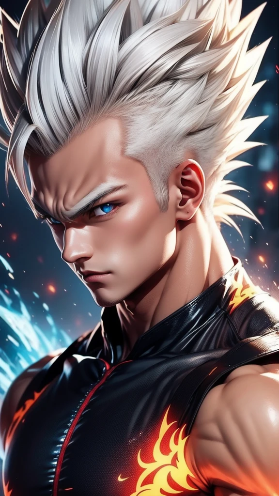 A true masterpiece of masculine beauty. goku, super sayagin 5, 20 years old, Wears a martial arts outfit and fights in a haunted and abandoned city, solo. Moonlight accentuates muscles just right. The landscape is lush and mysterious, with a dark city. The camera details everything. When looking at beautiful eyes, attractive blue eyes facing the viewer, one can clearly see every small detail, every perfect line, every detail of beautiful 8K quality skin, everyone is captivated by the beauty. Confidence radiates from every look. His head has white hair and his face is meticulously detailed in 8K quality images. Is a character in the Dragon Ball Seven series.​