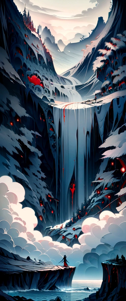 (close up:1.3), black and white and blue and red,(best quality, ultra-detailed, high resolution, extremely detailed cg),wide shot, dead angels stand on cliff edge, she is very beautiful, she like blood and sea, bloody rain, mystical, fanatic, intricate, surreal, delicate