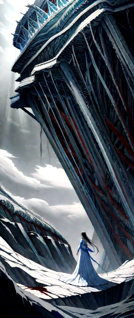 (close up:1.3), black and white and blue and red,(best quality, ultra-detailed, high resolution, extremely detailed cg),wide shot, dead angels stand on cliff edge, she is very beautiful, she like blood and sea, bloody rain, mystical, fanatic, intricate, surreal, delicate