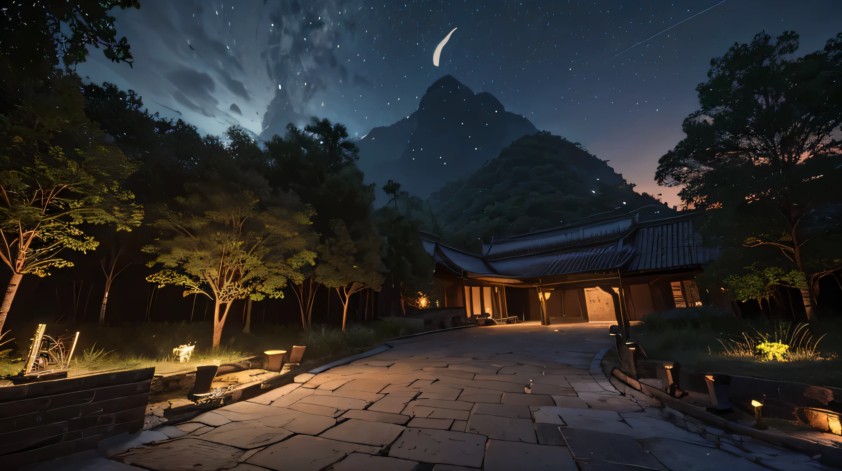 Highest quality,8K,Ultra Clear,Official Art, Ancient Malaysia, Ancient Street, (Lots of fireflies), (night), (moon), Light, Beautiful views, Spectacular landscapes, Realistic lighting, masterpiece, high quality, Beautiful graphics, High detail, Global Illumination, Unreal Engine Rendering, Octane Rendering, (High resolution:1.3)