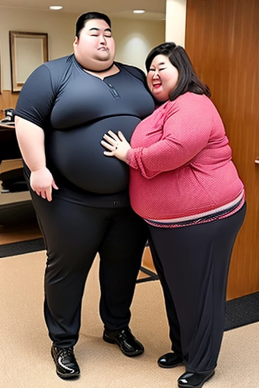 186cm 105kg male, Women weighing more than 100kg, Severely obese woman, 초Severely obese woman, A friendly obese man and woman couple, Facing each other, chest and stomach touching, Abdominal exposure, severe abdominal obesity, Women are fatter than men, Women weigh more than men, woman with thick waist, man with thick waist, 8K, realistic