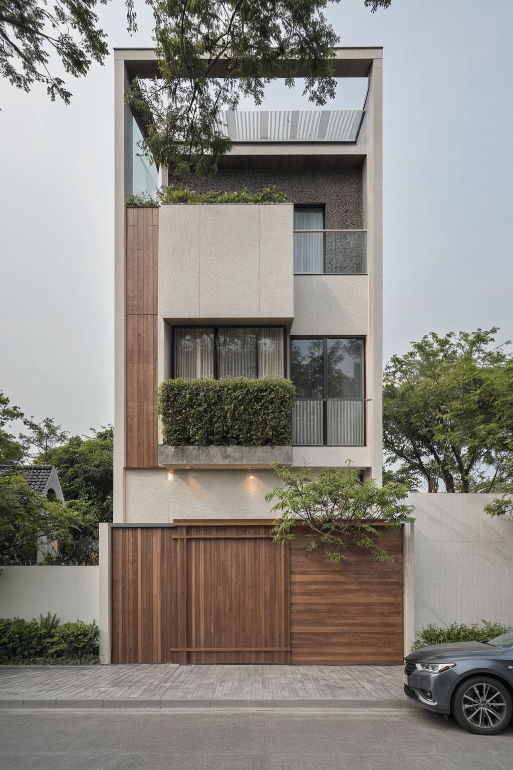 RAW photo, a photo of a modern house, (curvilinear chrchitecture:1.4), Wabisabi style rounded wall, brown wood, sidewalk, sidewalk trees, ((grey gate:1.2)), road, viet nam modern residence, ((architectural shot)), rough white wall, new residential area, wide angle exterior 2022, contemporary house, exterior photography, masterpiece, contemporary architecture, overcast, indirect lighting