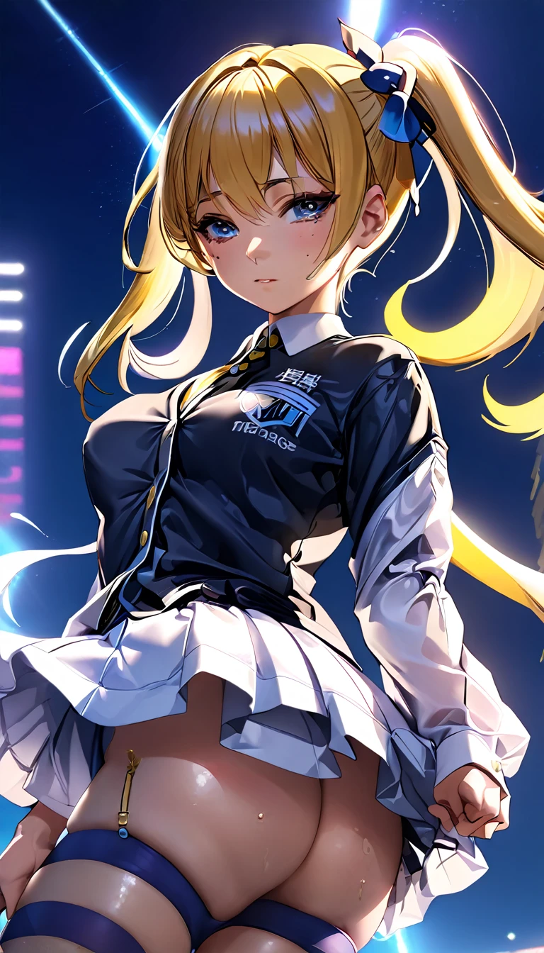 Masterpiece、最high quality、high quality、High definition、High resolution、High detail、Lens flare、Ray Tracing、high qualityのテクスチャー、high qualityの影、Beautiful details、Detailed explanation、Detailed texture、Realistic facial expression、Realistic and colorful、Slender、Cinematic Light、Side light、Sharp Focus、(1 Girl:1.3)、(Intricate details、Makeup、Pure Eros Face_v1:0.5)、(Details Beautiful delicate face、Detailed beautiful delicate eyes、Perfect Facial Proportions、Detailed skin、Charm)、Fancy Twin Tails、Beautiful bangs、(Two-tone gradient hair color)、slender、(Upturned beautiful breasts)、Dress shirt、Crop top、Removing the Sleeve、(Detailed crotch、Open crotch、Showing off your crotch)、Female juice、Have a strong orgasm、A slipped white thong、Thighs、mini skirt、Flip up、High slit、Navy blue socks、sneakers、Release your knees、(Leg spread)、(Raise your arms)、Low-angle composition、(Take a deep breath、Work on this image step by step)