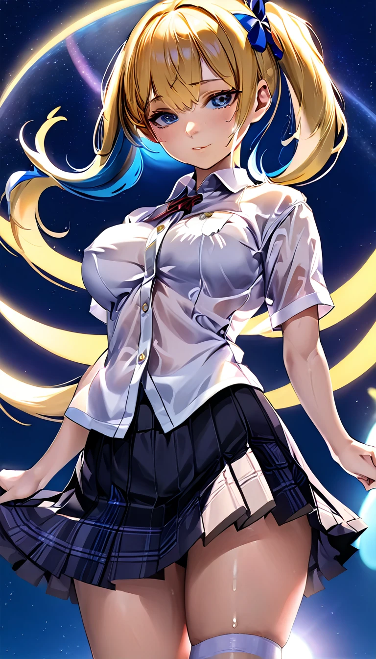Masterpiece、最high quality、high quality、High definition、High resolution、High detail、Lens flare、Ray Tracing、high qualityのテクスチャー、high qualityの影、Beautiful details、Detailed explanation、Detailed texture、Realistic facial expression、Realistic and colorful、Slender、Cinematic Light、Side light、Sharp Focus、(1 Girl:1.3)、(Intricate details、Makeup、Pure Eros Face_v1:0.5)、(Details Beautiful delicate face、Detailed beautiful delicate eyes、Perfect Facial Proportions、Detailed skin、Charm)、Fancy Twin Tails、Beautiful bangs、(Two-tone gradient hair color)、slender、(Upturned beautiful breasts)、Dress shirt、Crop top、Removing the Sleeve、(Detailed crotch、Open crotch、Showing off your crotch)、Female juice、Have a strong orgasm、A slipped white thong、Thighs、mini skirt、Flip up、High slit、Navy blue socks、sneakers、Release your knees、(Leg spread)、(Raise your arms)、Low-angle composition、(Take a deep breath、Work on this image step by step)