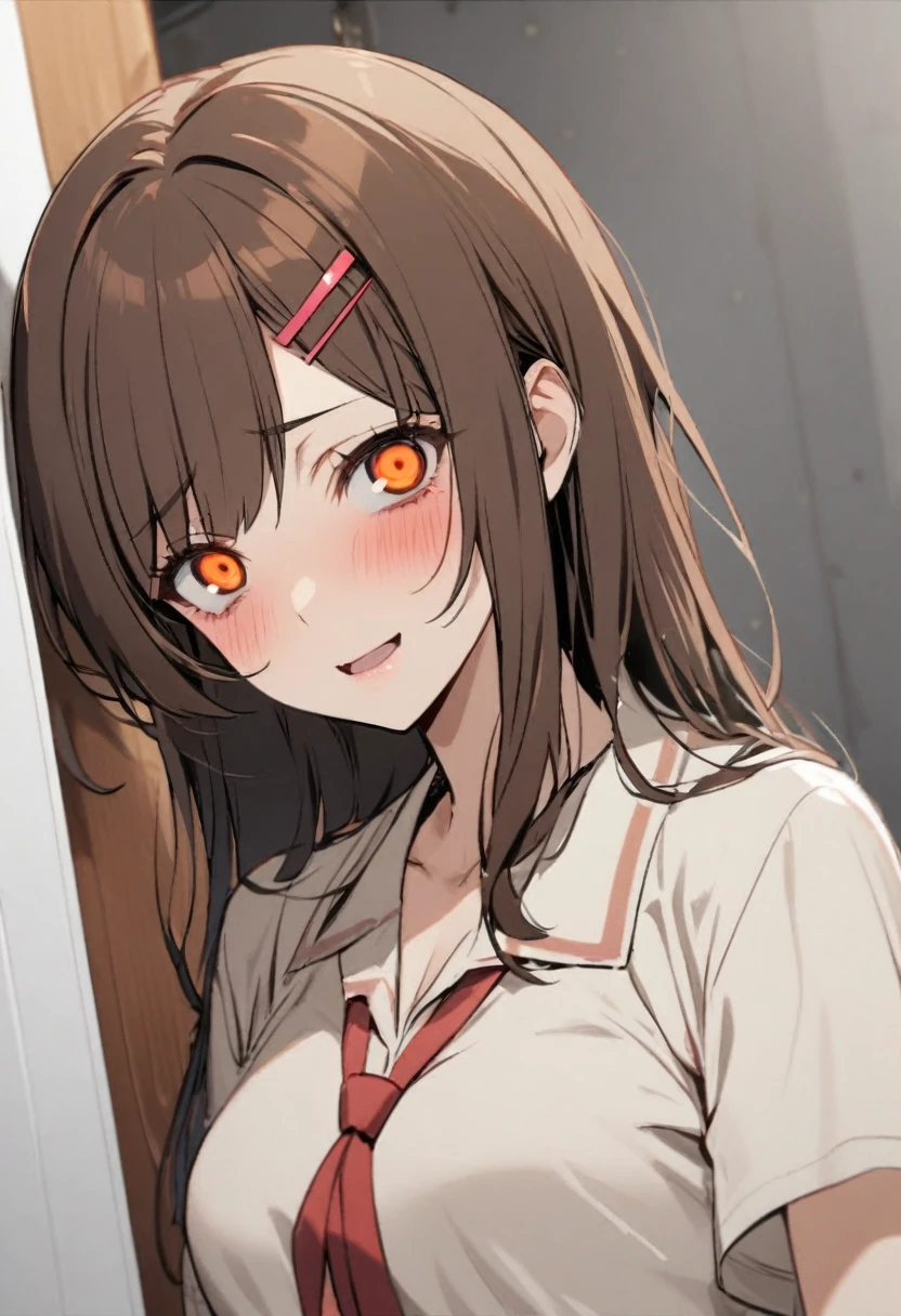 one girl,brown hair, orange eyes, red bow hairclip, yandere, mature