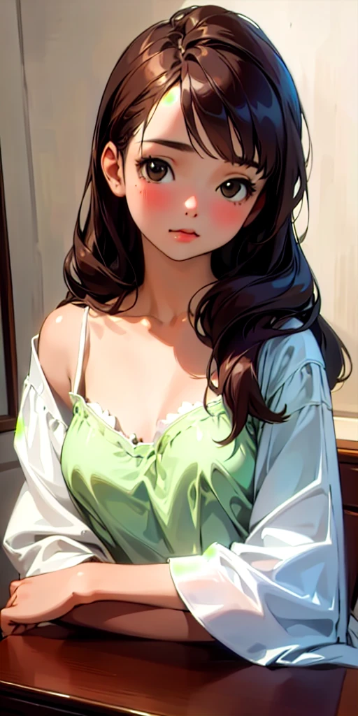 (Highest quality, masterpiece, Ultra-realistic), Beautiful and delicate１５Year-old girl portrait, With a calm and gentle expression, The background scene shows me studying at my desk in my room at home.。camisole、Bust is C cup