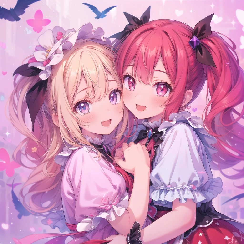 (masterpiece:1.2), best quality, high resolution, extremely detailed CG, absurdres, highres, 2girls, two girls hugs together , frills, kawaii, happy, dreamland, details background