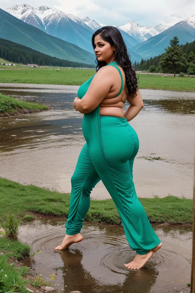 Must be a fat woman around 35 years of age, fair skin, thick ass, shapely body and wearing flat salwar, body should be wet. There should be green meadows and mountains behind