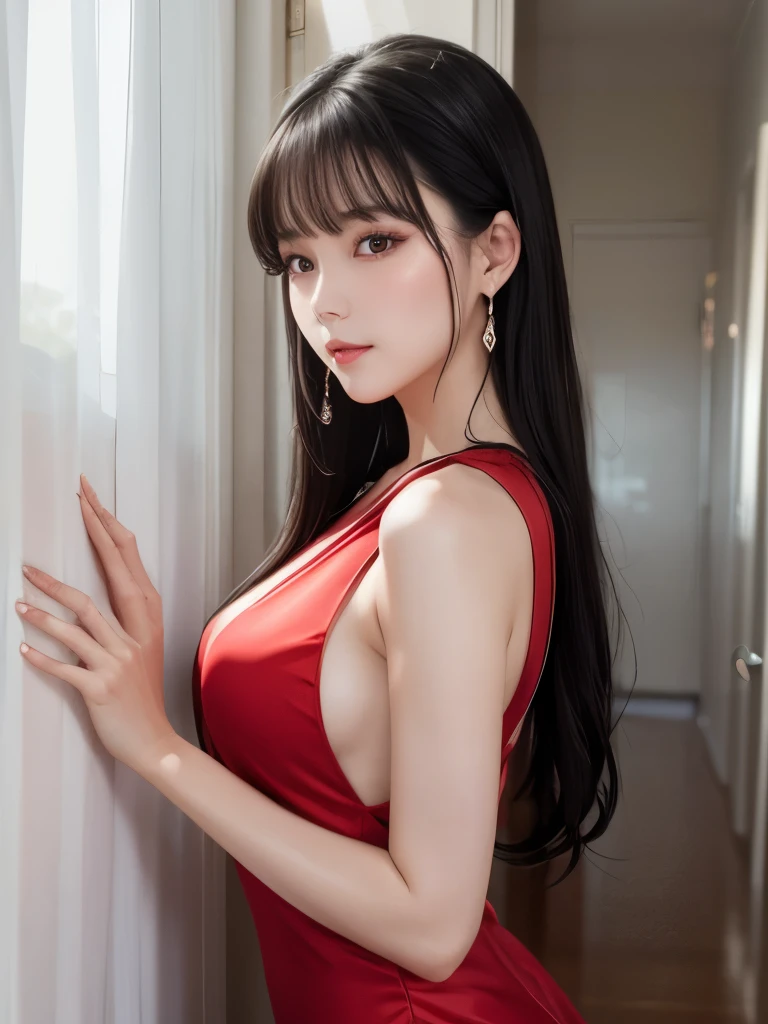 masterpiece, Ultra-high resolution, girl, Black Hair, 1990s (style), Red sleeveless dress, Long Hair, Detailed beautiful round face, Long eyelashes, Amber Eyes, Retro Film, 