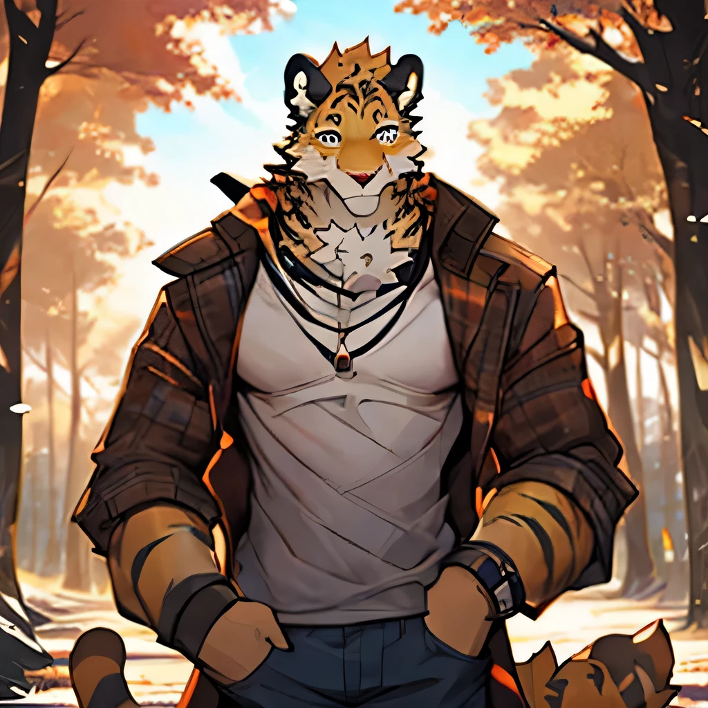 juvenile,Leopard,Golden fur,One hand holding a coat,Wear a shirt on the upper body,Facial injuries,Awkward,blush,The other hand holds the takeaway,bust,Clear images,Nature walks,Muscle shape,Cross your arms
