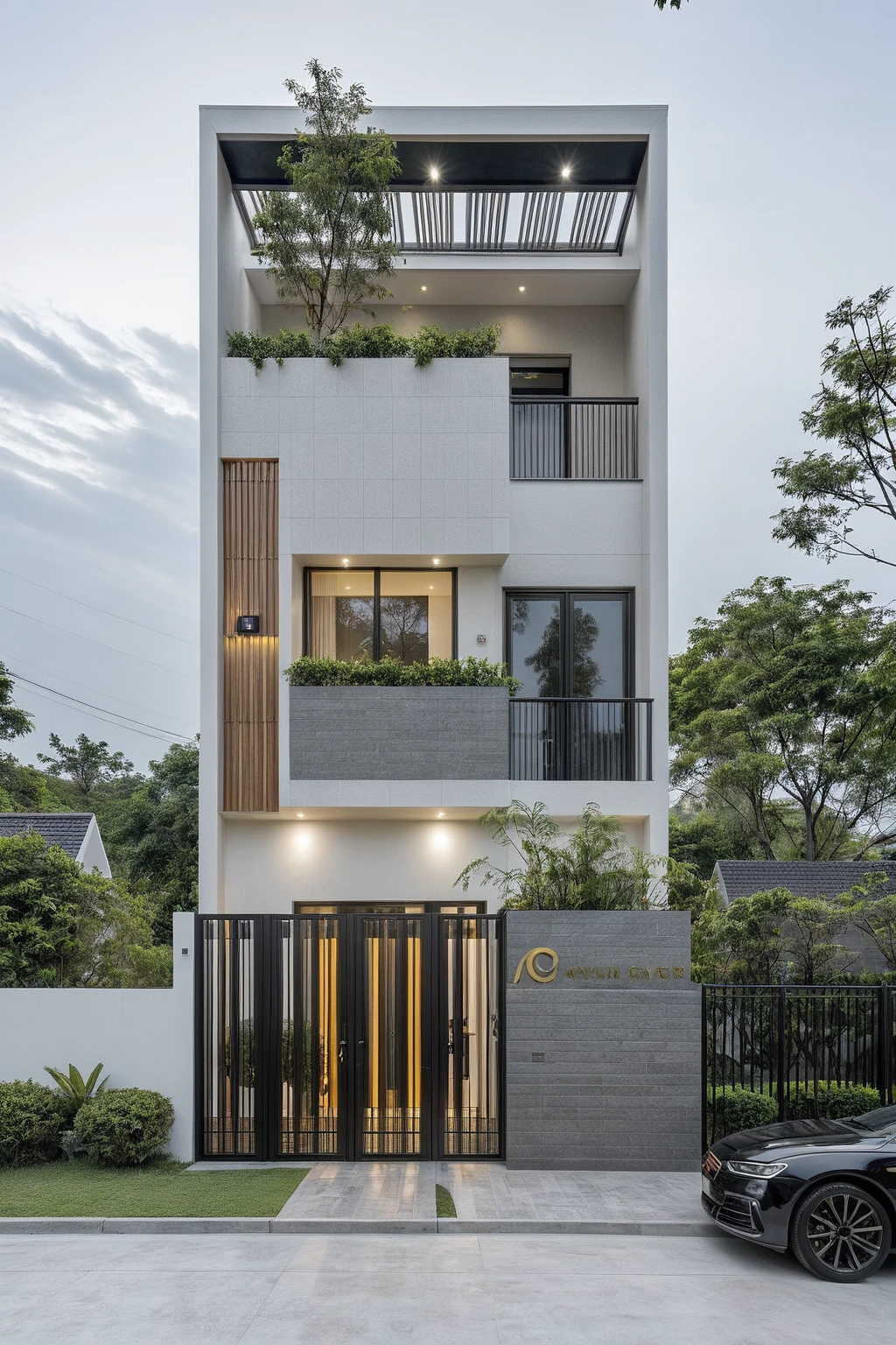 RAW photo, a photo of a modern house, (curvilinear chrchitecture:1.4), Wabisabi style rounded wall, white wall, steel dark gate, sidewalk, sidewalk trees, ((grey gate:1.2)), road, viet nam modern residence, ((architectural shot)), rough white wall, new residential area, wide angle exterior 2022, contemporary house, exterior photography, masterpiece, contemporary architecture, overcast, indirect lighting