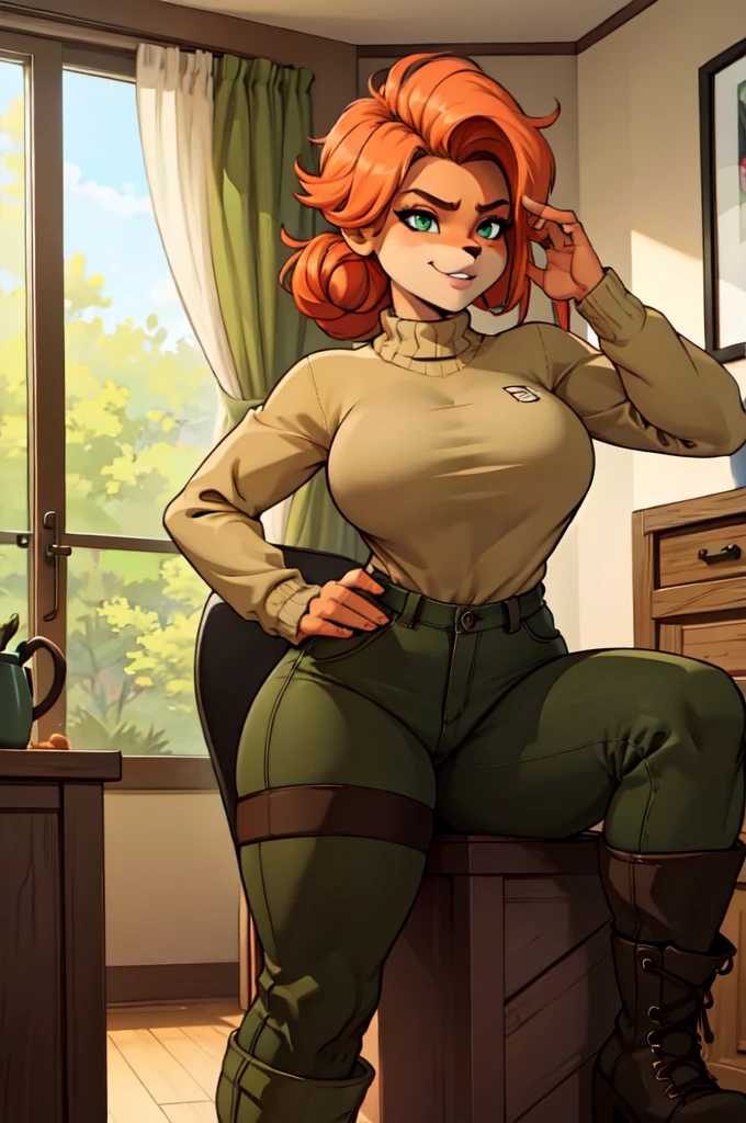 (best quality,4k,8k,highres,masterpiece:1.2),ultra-detailed,realistic:1.37,portrait,anthro bandicoot girl redhead, braided hair, beautiful green eyes, relaxing moment, sexy ,seductive, warm sweater, camouflage pants, army boots, smirking, cozy lighting, vibrant colors , girl anthro , sweater, camouflage pants, army boots, hands to pants