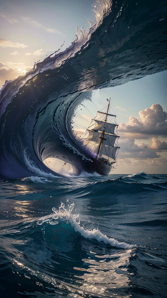 violet, Art drawing, beautiful fragments, Sea, sea surface, Ship, big waves