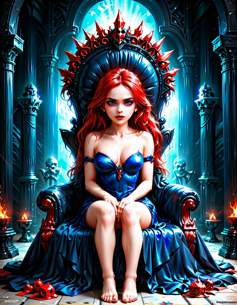 picture of a vampire queen sitting on her dark throne, a (vampire queen: 1.1) wearing dark blue dress, royal dress, glamorous dress, dynamic hair, bold intense eyes, extremely exquisite beautiful queen, perfect body, (anatomically corect: 1.3), ultra feminine, ultra detailed face, red lips, red glowing eyes, she sits on a (dark frightful, a throne: 1.3) of fear, and might, throne carved from black marble , legendary symmetric design, with (many carvings in the marble: 1.3), skulls on the handles, decorated with rubies, and opal gems, dark fantasy hall room background, (masterpiece: 1.4) intense details, highly detailed, photorealistic, best quality, highres,16k, [ultra detailed], masterpiece, best quality, (extremely detailed), close up, ultra wide shot, photorealistic, RAW, fantasy art, dnd art, fantasy art, realistic art,((best quality)), ((masterpiece)), (detailed: 1.5), ral-ntrgmstn