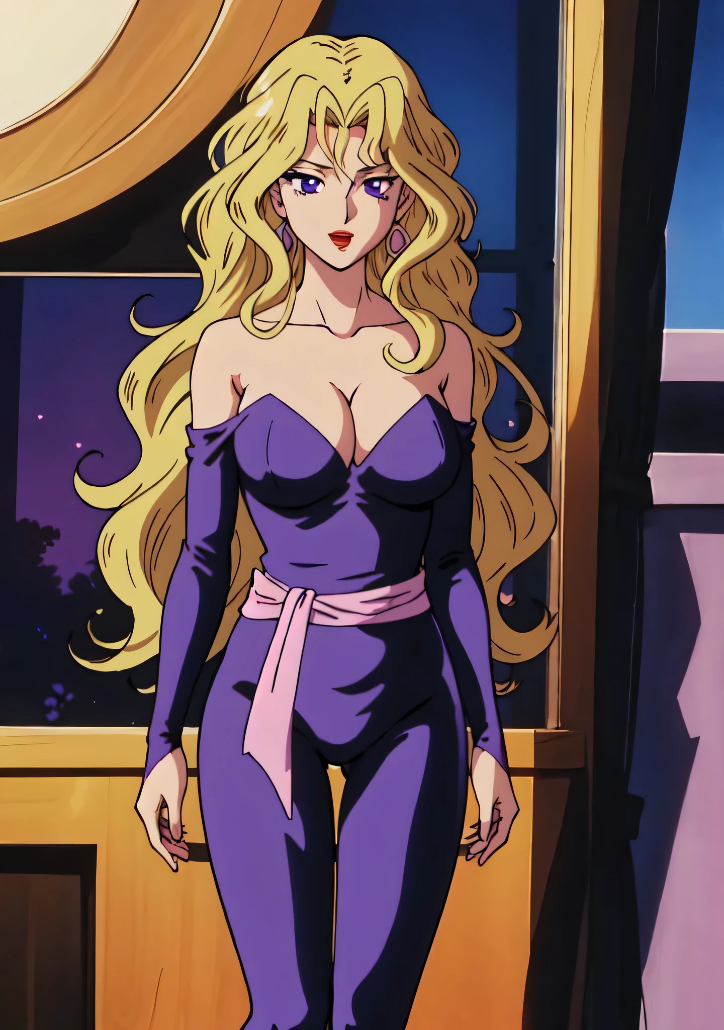 masterpiece、Highest quality、Anime Women、solo、Watching the audience、laugh at、Long Hair、bionde、eyelash、lipstick、Purple Eyes、Wavy Hair、Big Breasts、A woman with very large breasts、collarbone、Purple bodysuit、Off the shoulder、Tight bodysuit、Long sleeve、Pink sash、