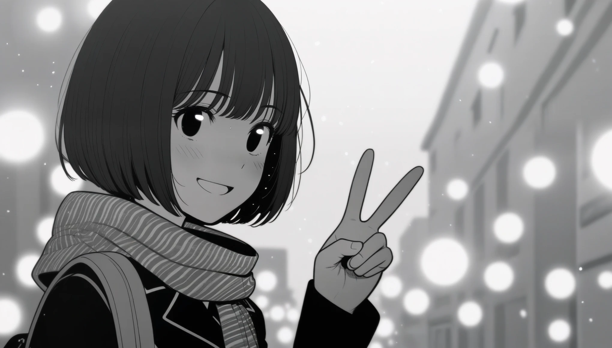 masterpiece, best quality, 1girl, mamerakkkkko, grayscale, manga style, japanese, chi no wadachi, black eyes, street, iced, black hair, schoolbag, smile, lineart, black coat, black scarf, black pleated skirt, leggins, centered, 18 years old, tall, fair skinned, bokeh background, streaming, bob cut, light particles, centered, snowing, (((v, perfect hand, detailed hand:1.1)), emotional anime scene, (very aesthetic, best quality, ultra detailed), intricate details
